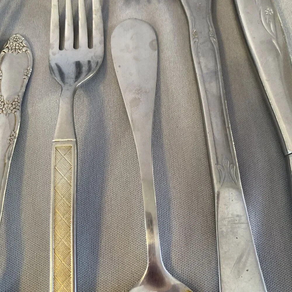 Vintage Lot Mixed Stainless Steel Flatware Silverware MCM Floral Textured Atomic